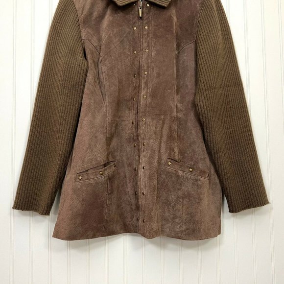 Denim & Co Suede Knit Sleeve Jacket Collared Fully Lined Zip Front Brown M. - Picture 3 of 6